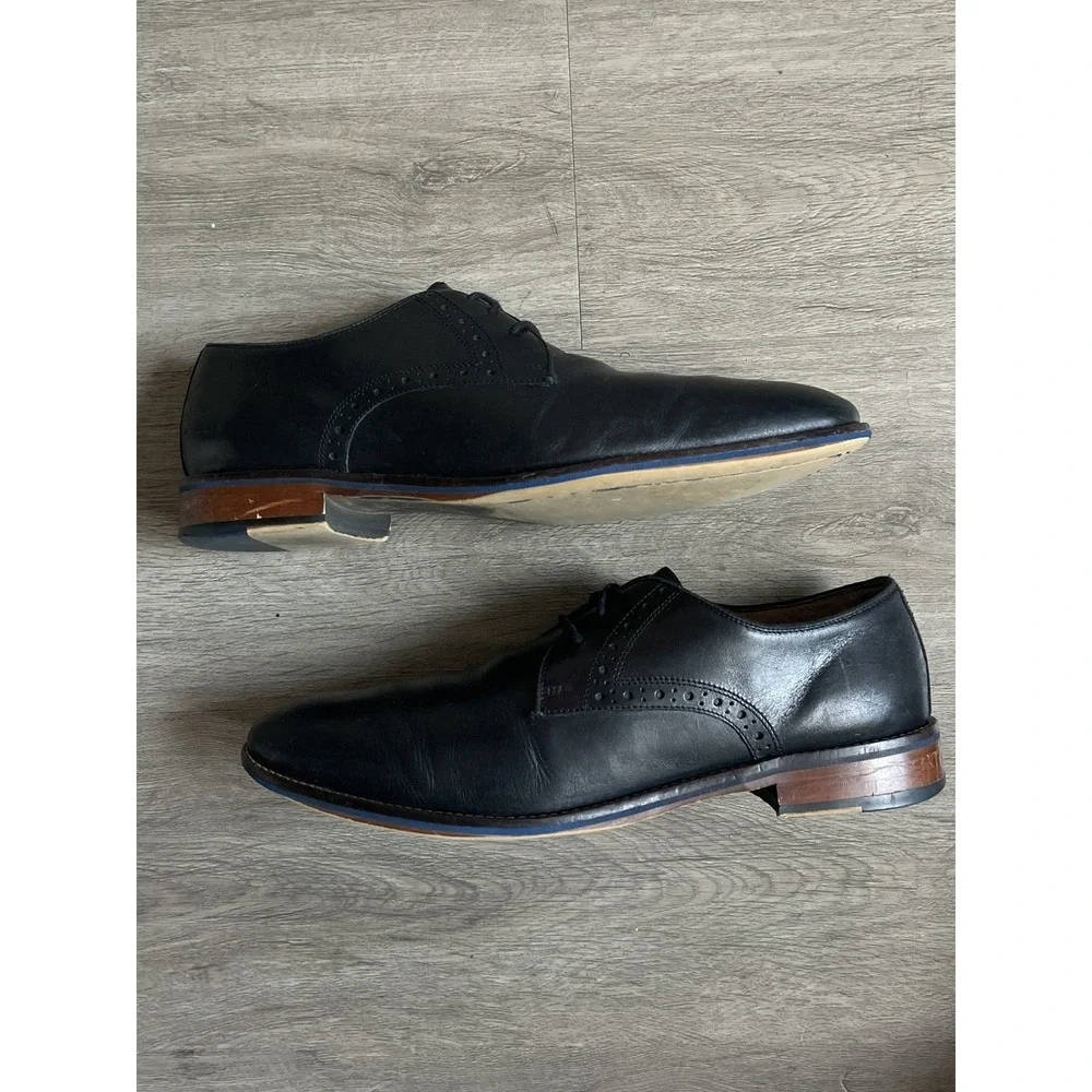 Size 11- Johnston Murphy Oxford Shoes Conrad Plain Toe Black Leather Blue Detail